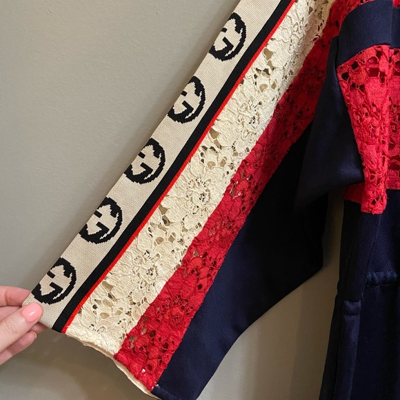 Gucci GG Floral Lace Logo Stripe Dress, Size XL - Picture 8 of 16